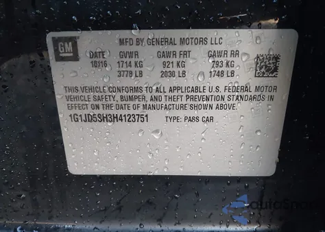 2017 Chevrolet Sonic Lt Auto from USA, damaged, VIN 1G1JD5SH3H4123751